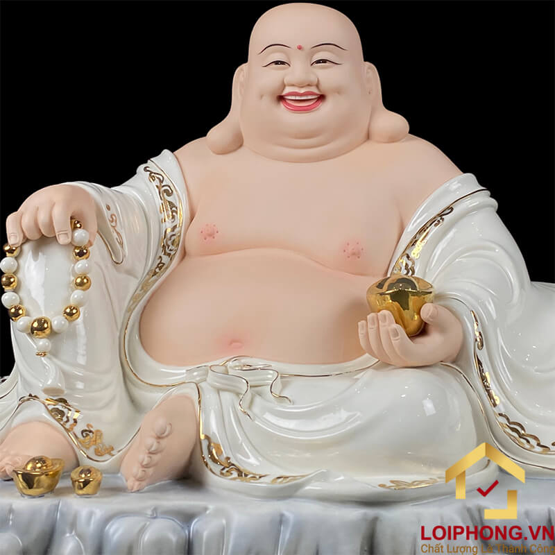 Tượng Phật Di Lặc Ngồi Túi Tiền Bằng Sứ Trắng Viền Vàng cao 40cm, 48cm