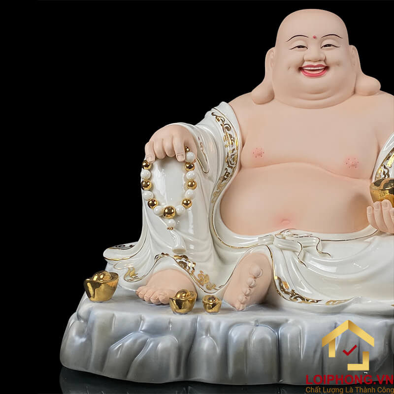 Tượng Phật Di Lặc Ngồi Túi Tiền Bằng Sứ Trắng Viền Vàng cao 40cm, 48cm