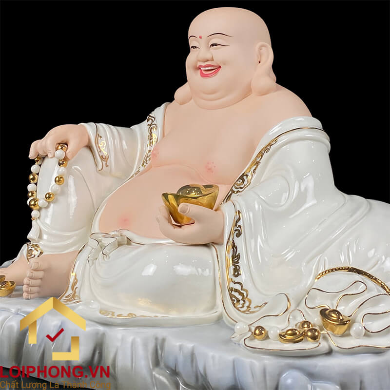 Tượng Phật Di Lặc Ngồi Túi Tiền Bằng Sứ Trắng Viền Vàng cao 40cm, 48cm