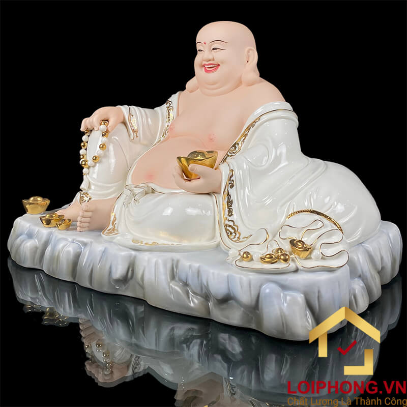 Tượng Phật Di Lặc Ngồi Túi Tiền Bằng Sứ Trắng Viền Vàng cao 40cm, 48cm