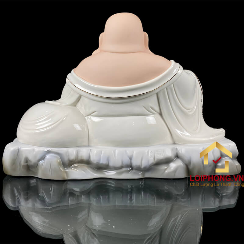 Tượng Phật Di Lặc Ngồi Túi Tiền Bằng Sứ Trắng Viền Vàng cao 40cm, 48cm