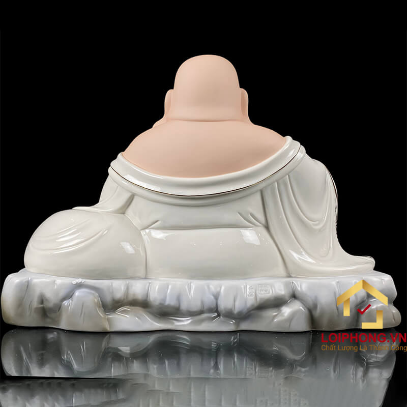 Tượng Phật Di Lặc Ngồi Túi Tiền Bằng Sứ Trắng Viền Vàng cao 40cm, 48cm