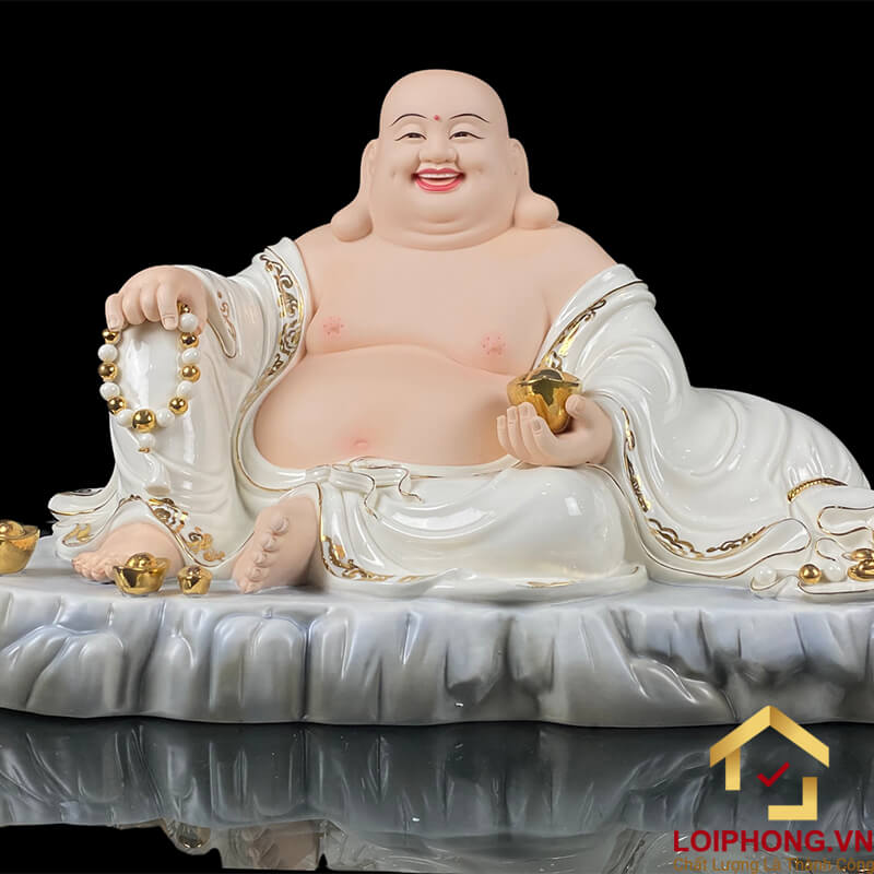 Tượng Phật Di Lặc Ngồi Túi Tiền Bằng Sứ Trắng Viền Vàng cao 40cm, 48cm