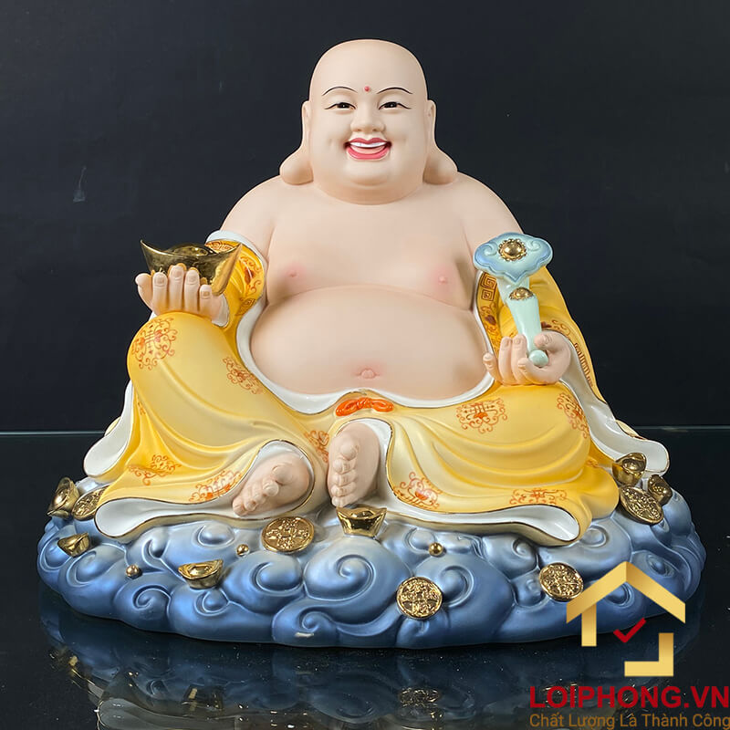 Tượng Phật Di Lặc Ngồi Đế Mây Bằng Sứ Sơn Vàng cao 40cm, 48cm