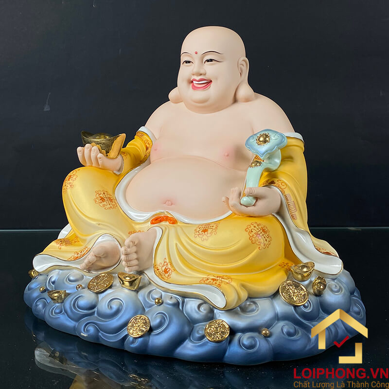 Tượng Phật Di Lặc Ngồi Đế Mây Bằng Sứ Sơn Vàng cao 40cm, 48cm