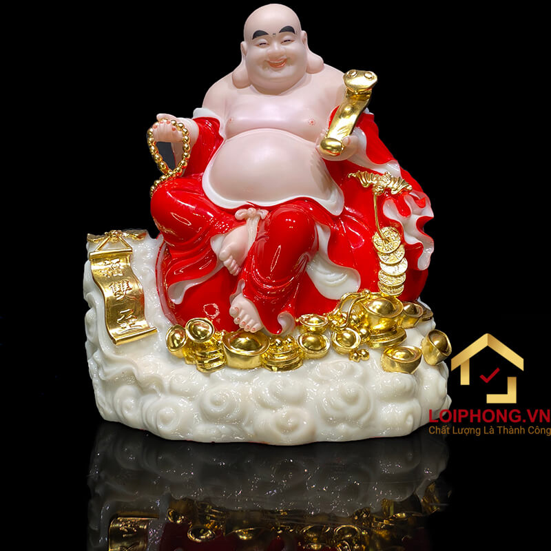 Tượng Phật Di Lặc Ngồi Đế Đồng Tiền Bằng Bột Đá Sơn Đỏ cao 40cm, 48cm