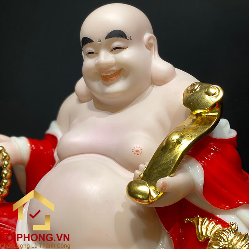 Tượng Phật Di Lặc Ngồi Đế Đồng Tiền Bằng Bột Đá Sơn Đỏ cao 40cm, 48cm