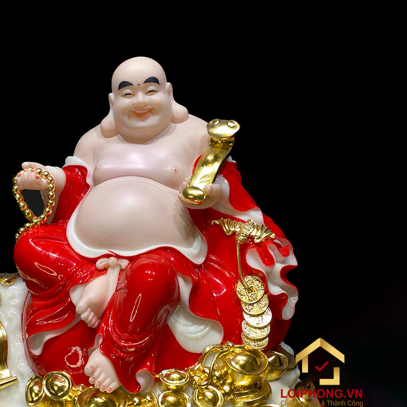 Tượng Phật Di Lặc Ngồi Đế Đồng Tiền Bằng Bột Đá Sơn Đỏ cao 40cm, 48cm