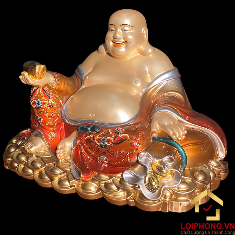 Tượng Phật Di Lặc Ngồi Núi Bạc Bằng Đồng Sơn Đỏ Vẽ Màu Cao Cấp