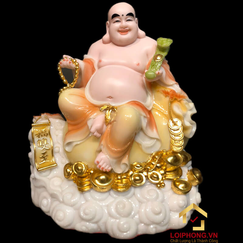 Tượng Phật Di Lặc Ngồi Đế Đồng Tiền Bằng Bột Đá Cẩm Thạch Sơn cao 40cm, 48cm