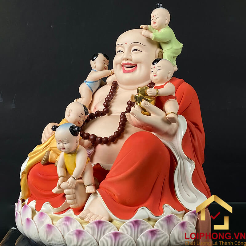 Tượng Phật Di Lặc Ngũ Phúc Ngồi Đài Sen Bằng Sứ Sơn Đỏ Cao 40cm