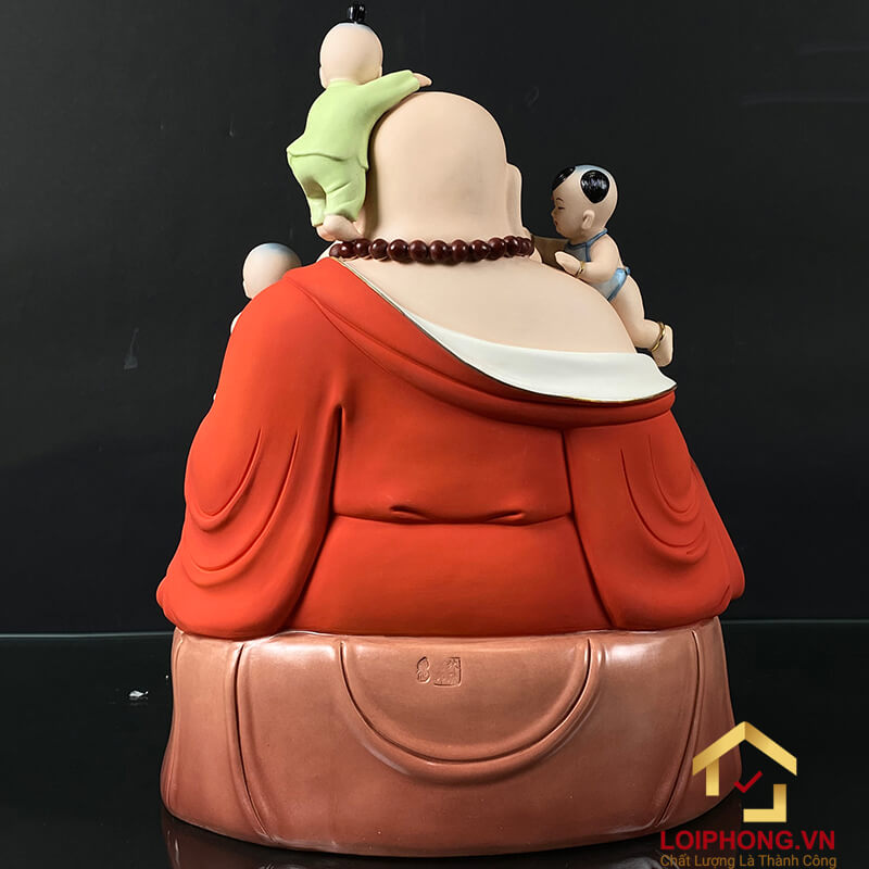 Tượng Phật Di Lặc Ngũ Phúc Ngồi Đài Sen Bằng Sứ Sơn Đỏ Cao 40cm