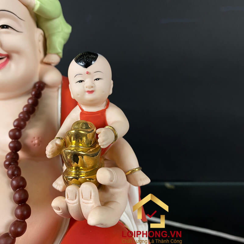 Tượng Phật Di Lặc Ngũ Phúc Ngồi Đài Sen Bằng Sứ Sơn Đỏ Cao 40cm