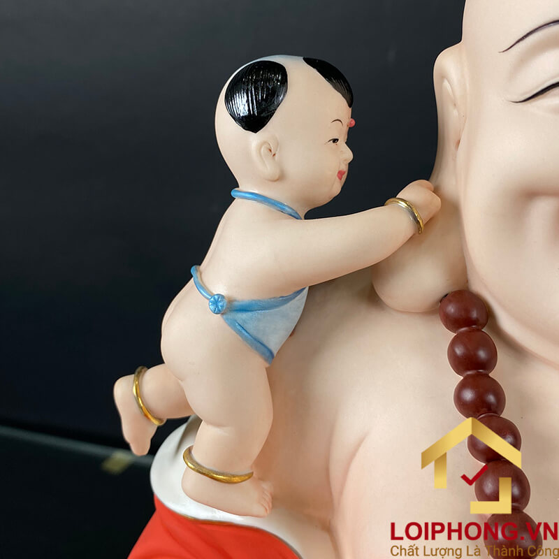 Tượng Phật Di Lặc Ngũ Phúc Ngồi Đài Sen Bằng Sứ Sơn Đỏ Cao 40cm