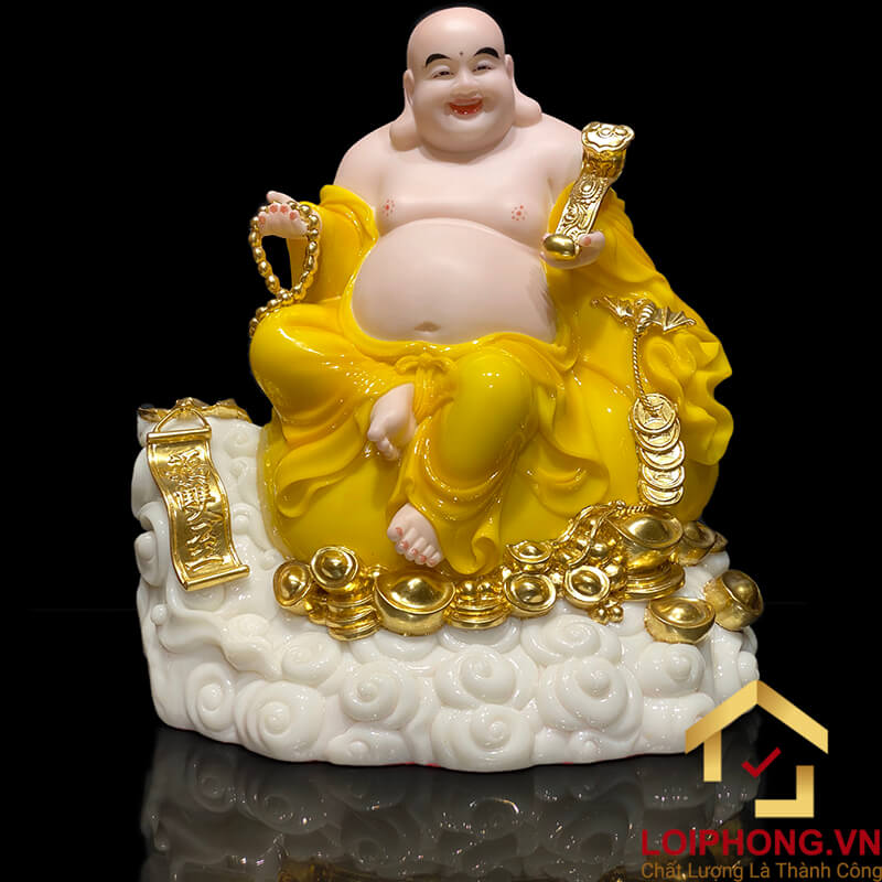 Tượng Phật Di Lặc Ngồi Đế Đồng Tiền Bằng Bột Đá Hổ Phách Vàng Cao 40cm, 48cm