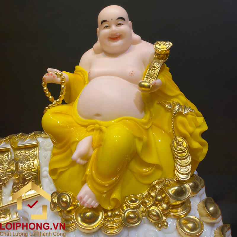 Tượng Phật Di Lặc Ngồi Đế Đồng Tiền Bằng Bột Đá Hổ Phách Vàng Cao 40cm, 48cm