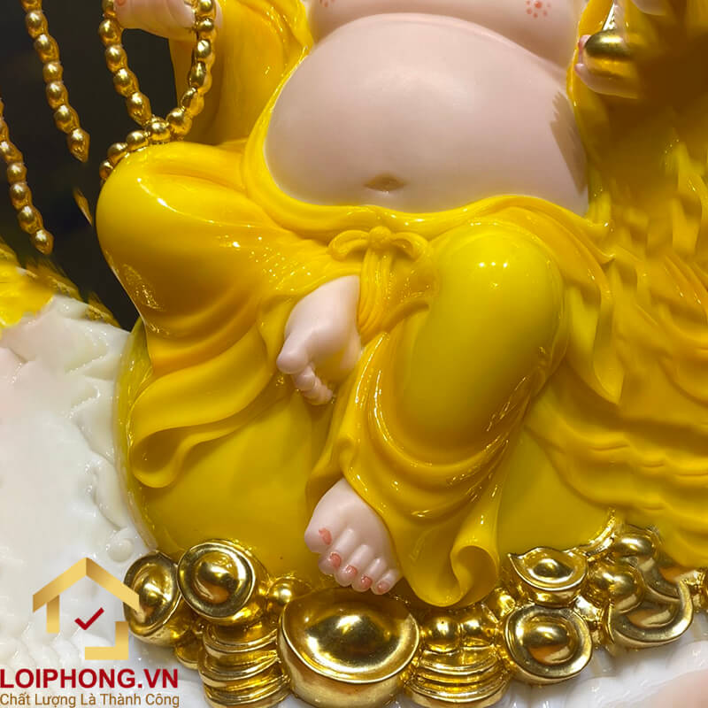 Tượng Phật Di Lặc Ngồi Đế Đồng Tiền Bằng Bột Đá Hổ Phách Vàng Cao 40cm, 48cm