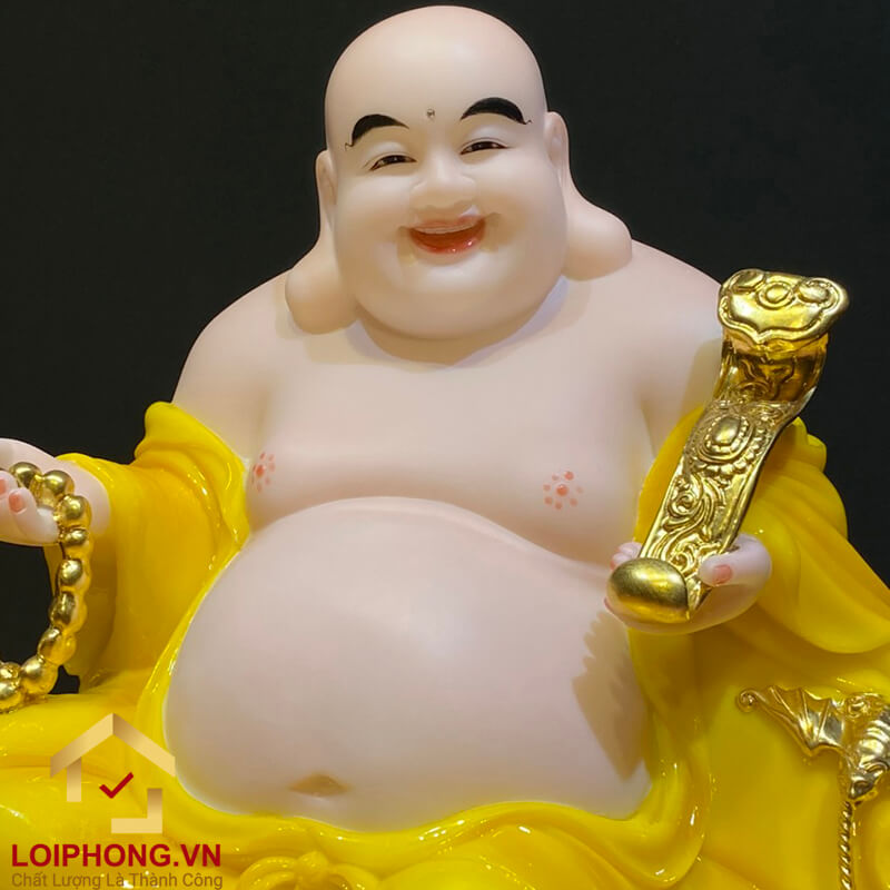 Tượng Phật Di Lặc Ngồi Đế Đồng Tiền Bằng Bột Đá Hổ Phách Vàng Cao 40cm, 48cm