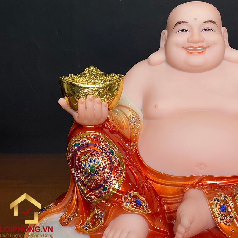 Tượng Phật Di Lặc Ngồi Đài Sen Bằng Bột Đá Sơn Đỏ Viền Vàng Cao 30 - 48cm