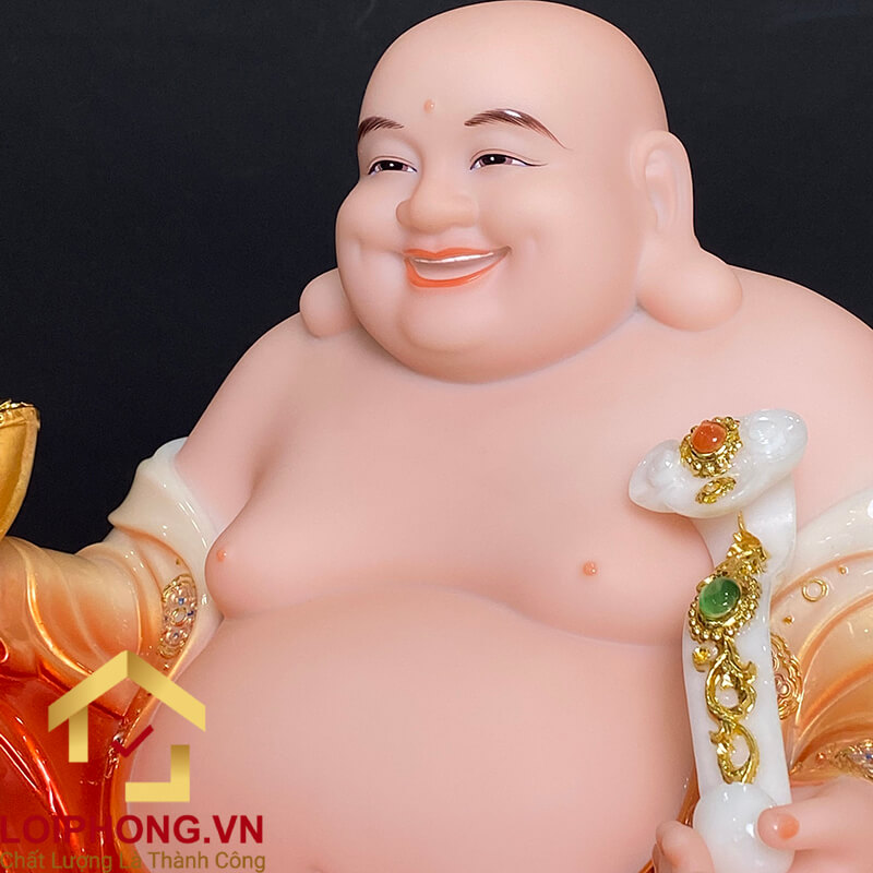 Tượng Phật Di Lặc Ngồi Đài Sen Bằng Bột Đá Sơn Đỏ Viền Vàng Cao 30 - 48cm