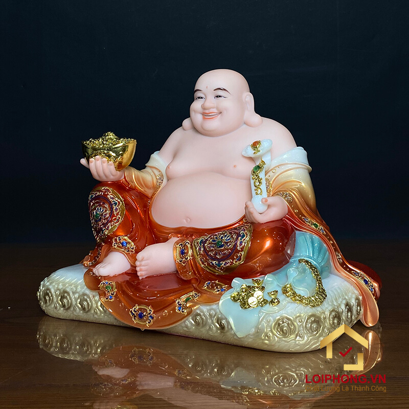 Tượng Phật Di Lặc Ngồi Đài Sen Bằng Bột Đá Sơn Đỏ Viền Vàng Cao 30 - 48cm