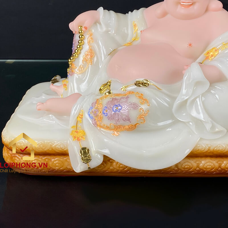 Tượng Phật Di Lặc Ngồi Nằm Bằng Bột Đá Trắng Viền Vàng Cao 30 - 48cm