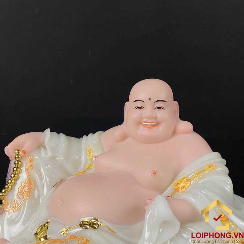 Tượng Phật Di Lặc Ngồi Nằm Bằng Bột Đá Trắng Viền Vàng Cao 30 - 48cm