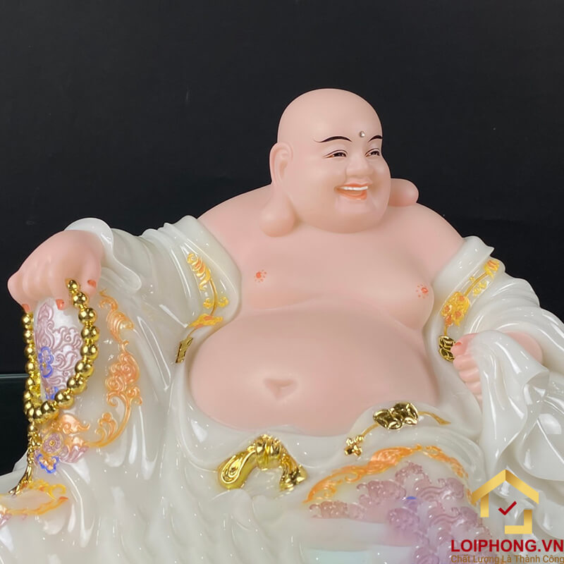 Tượng Phật Di Lặc Ngồi Nằm Bằng Bột Đá Trắng Viền Vàng Cao 30 - 48cm