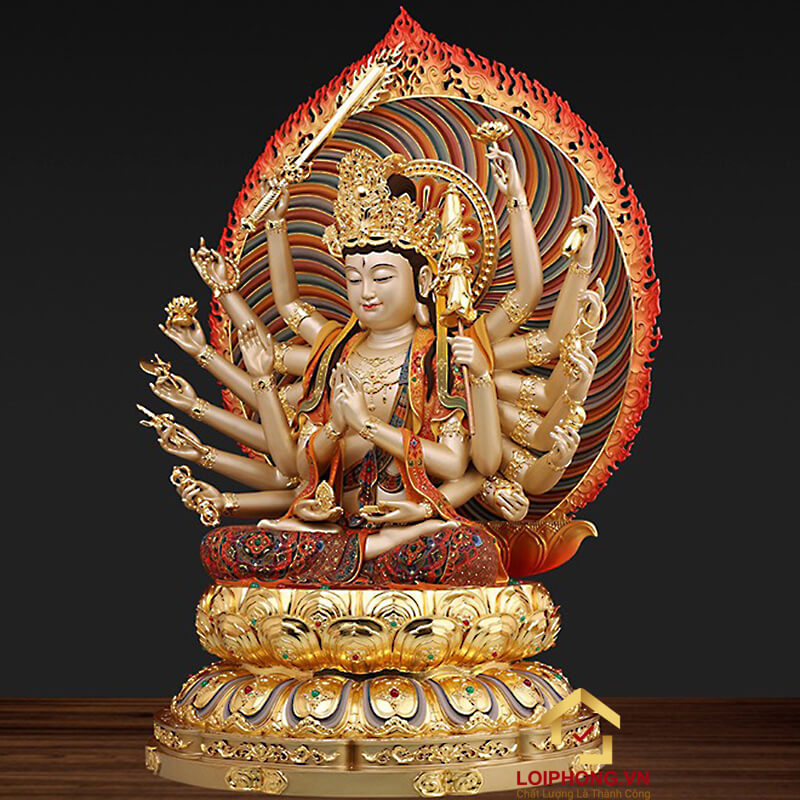 Tượng Phật Mẫu Chuẩn Đề bằng đồng vẽ gấm cao 48cm