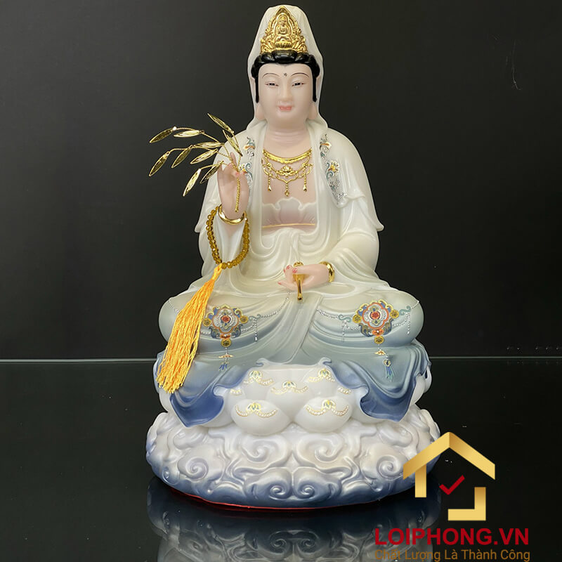 Tượng phật quan âm tọa đài sen ngồi trên đế mây màu xanh lam cao 30 - 40 – 48 cm