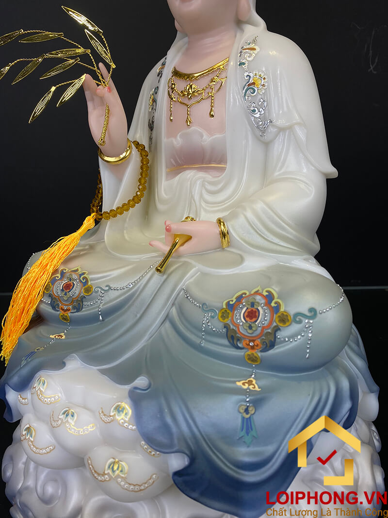 Tượng phật quan âm tọa đài sen ngồi trên đế mây màu xanh lam cao 30 - 40 – 48 cm