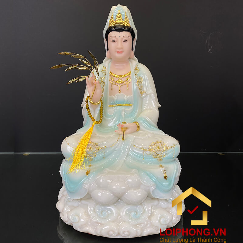 Tượng phật quan âm tọa đài sen ngồi trên đế mây màu xanh dương cao 30 - 40 – 48 cm