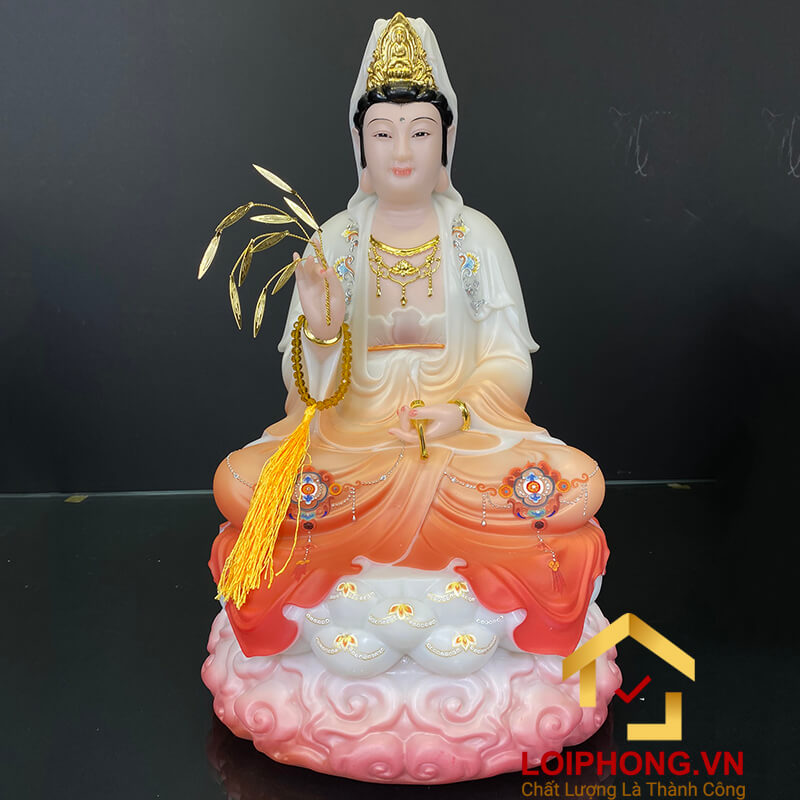 Tượng phật quan âm tọa đài sen ngồi trên đế mây màu đỏ nhạt cao 30 - 40 – 48 cm