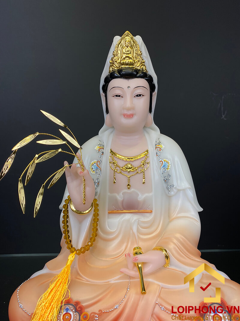 Tượng phật quan âm tọa đài sen ngồi trên đế mây màu đỏ nhạt cao 30 - 40 – 48 cm