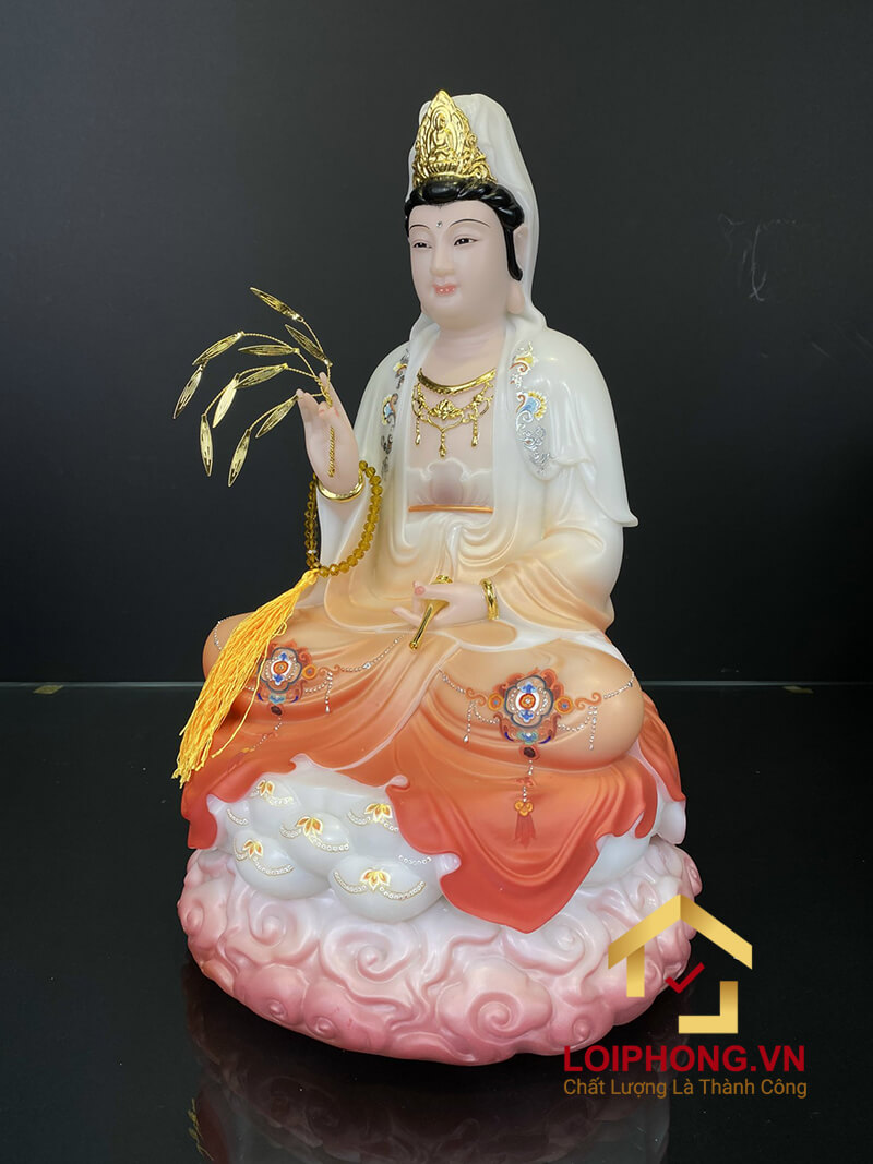 Tượng phật quan âm tọa đài sen ngồi trên đế mây màu đỏ nhạt cao 30 - 40 – 48 cm