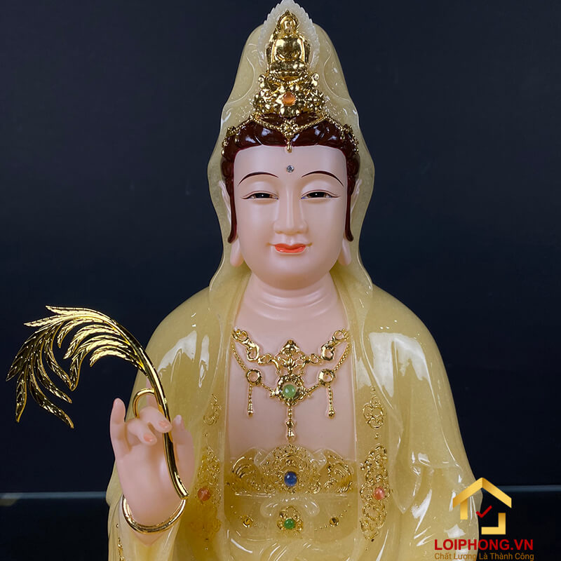 Tượng Phật Quan Âm ngồi đài sen bột đá thạch anh viền vàng 30 - 40 - 48 cm