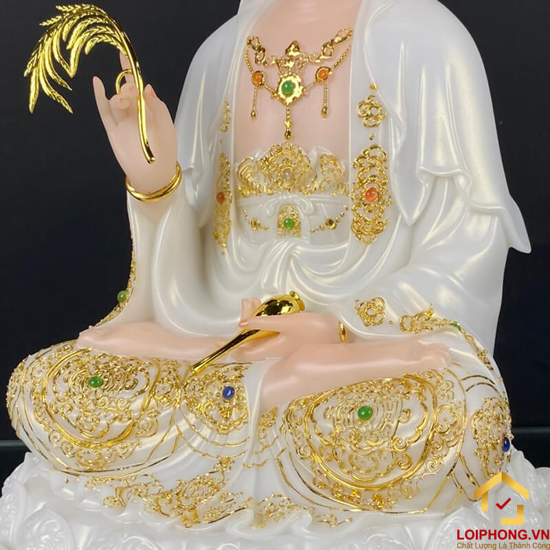 Tượng Phật Quan Âm ngồi đài sen đá trắng viền vàng 30 - 40 - 48 cm