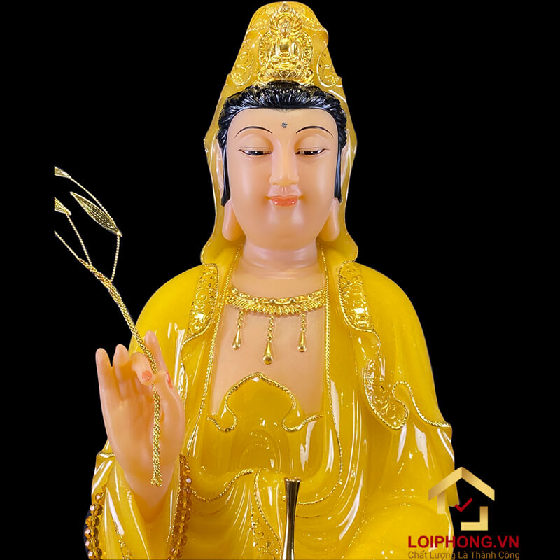 Tượng Phật Quan Âm Đứng Đài Sen Bằng Thạch Anh Viền Vàng cao 90cm