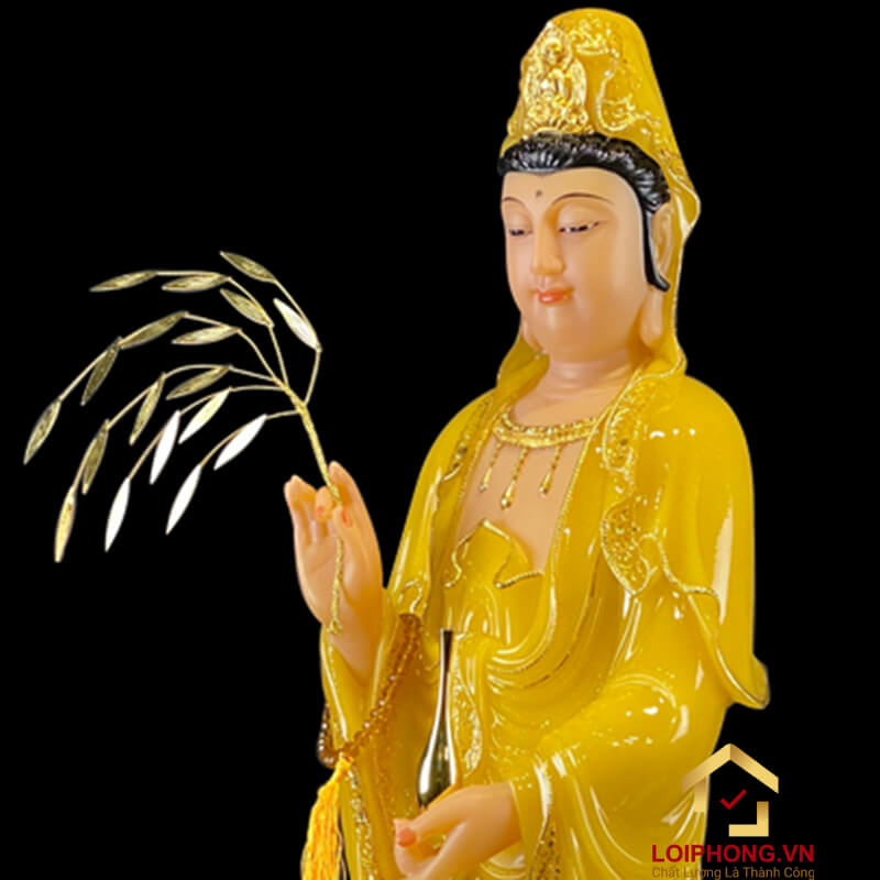 Tượng Phật Quan Âm Đứng Đài Sen Bằng Thạch Anh Viền Vàng cao 90cm