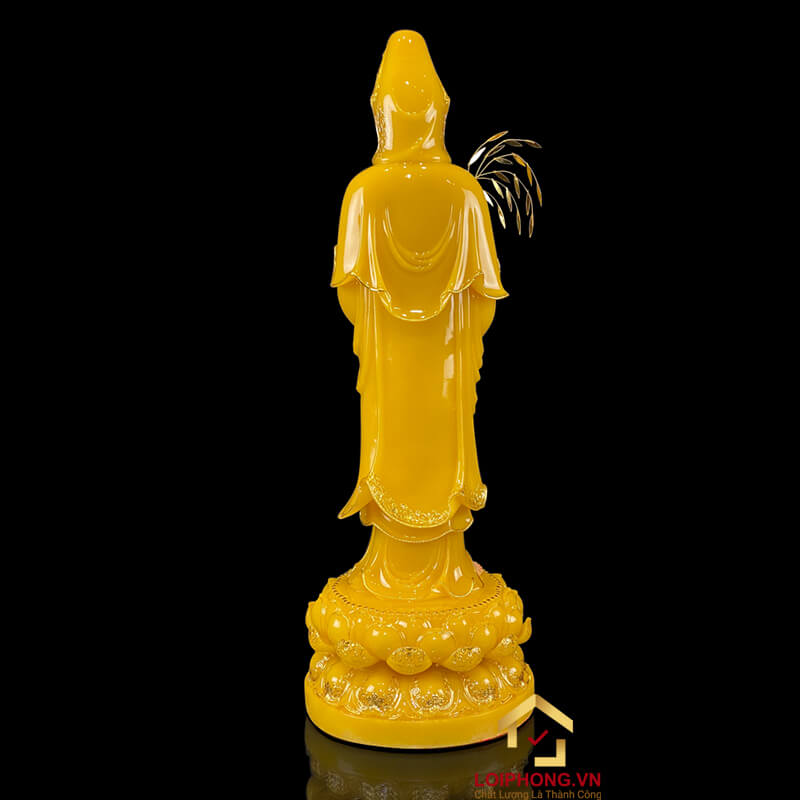 Tượng Phật Quan Âm Đứng Đài Sen Bằng Thạch Anh Viền Vàng cao 90cm