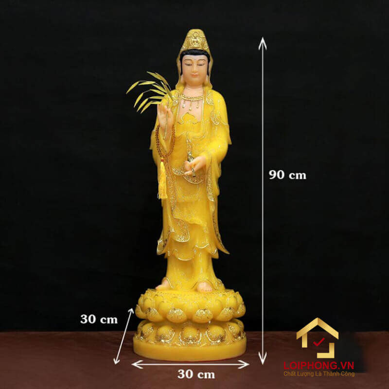 Tượng Phật Quan Âm Đứng Đài Sen Bằng Thạch Anh Viền Vàng cao 90cm