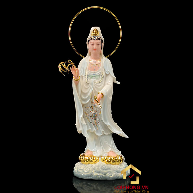 Tượng Phật Quan Âm Đứng Song Liên Đế Mây Bằng Bột Đá Sơn Có Hào Quang cao 48cm, 65cm, 90cm