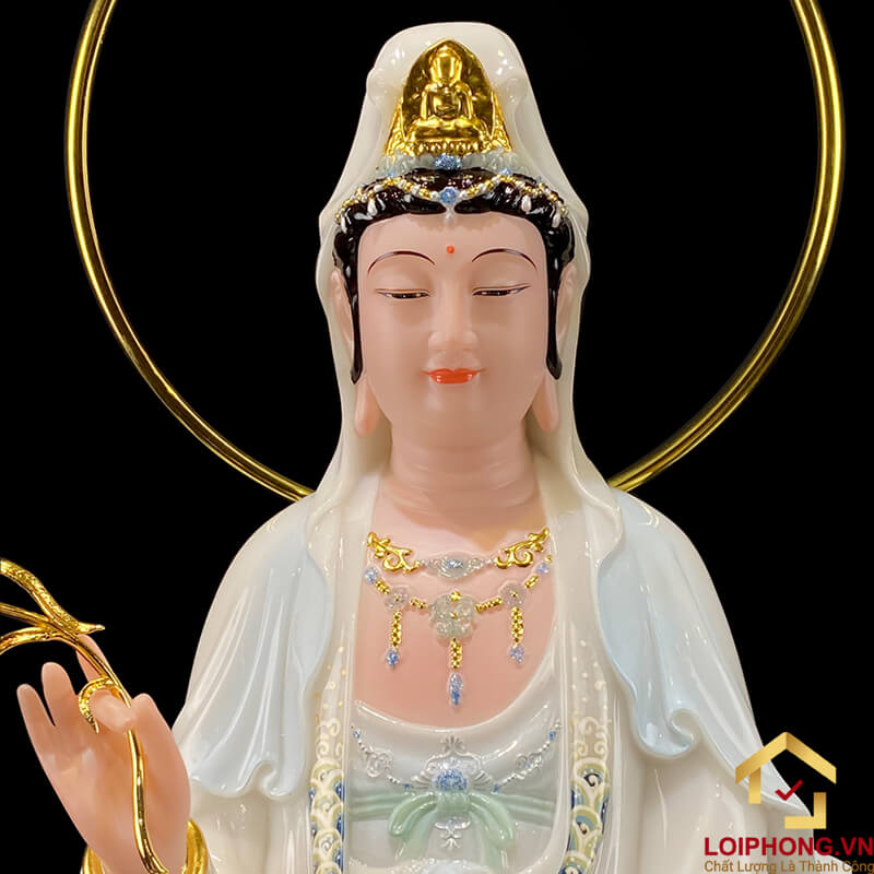Tượng Phật Quan Âm Đứng Song Liên Đế Mây Bằng Bột Đá Sơn Có Hào Quang cao 48cm, 65cm, 90cm