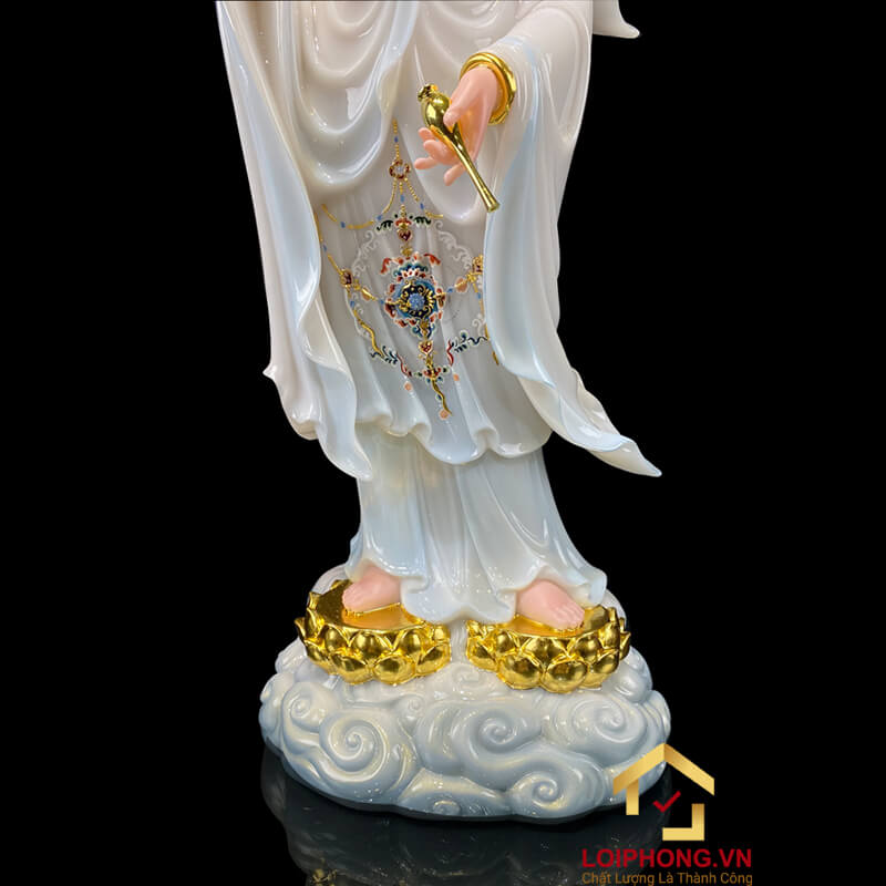 Tượng Phật Quan Âm Đứng Song Liên Đế Mây Bằng Bột Đá Sơn Có Hào Quang cao 48cm, 65cm, 90cm
