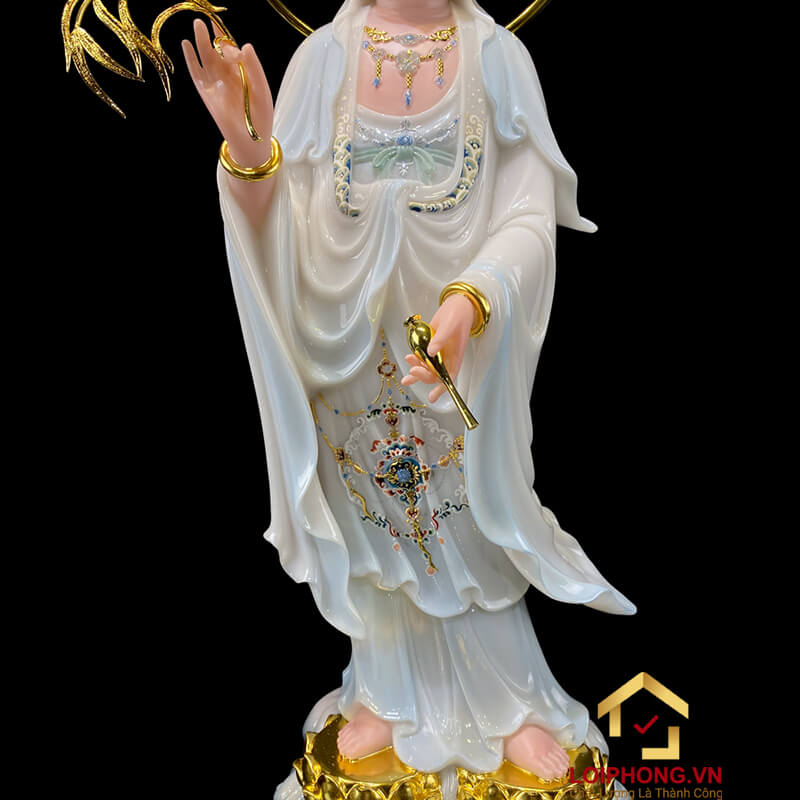 Tượng Phật Quan Âm Đứng Song Liên Đế Mây Bằng Bột Đá Sơn Có Hào Quang cao 48cm, 65cm, 90cm