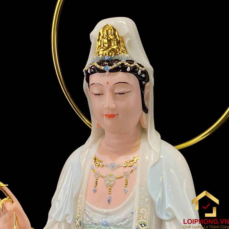 Tượng Phật Quan Âm Đứng Song Liên Đế Mây Bằng Bột Đá Sơn Có Hào Quang cao 48cm, 65cm, 90cm