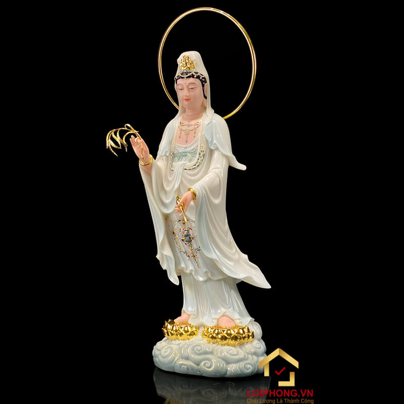 Tượng Phật Quan Âm Đứng Song Liên Đế Mây Bằng Bột Đá Sơn Có Hào Quang cao 48cm, 65cm, 90cm