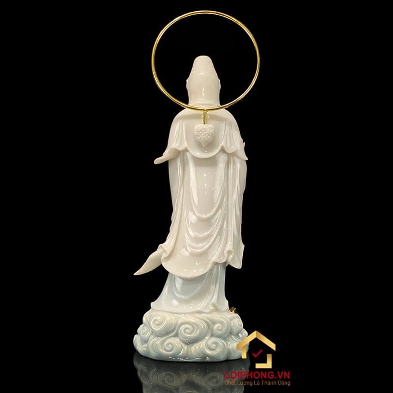 Tượng Phật Quan Âm Đứng Song Liên Đế Mây Bằng Bột Đá Sơn Có Hào Quang cao 48cm, 65cm, 90cm