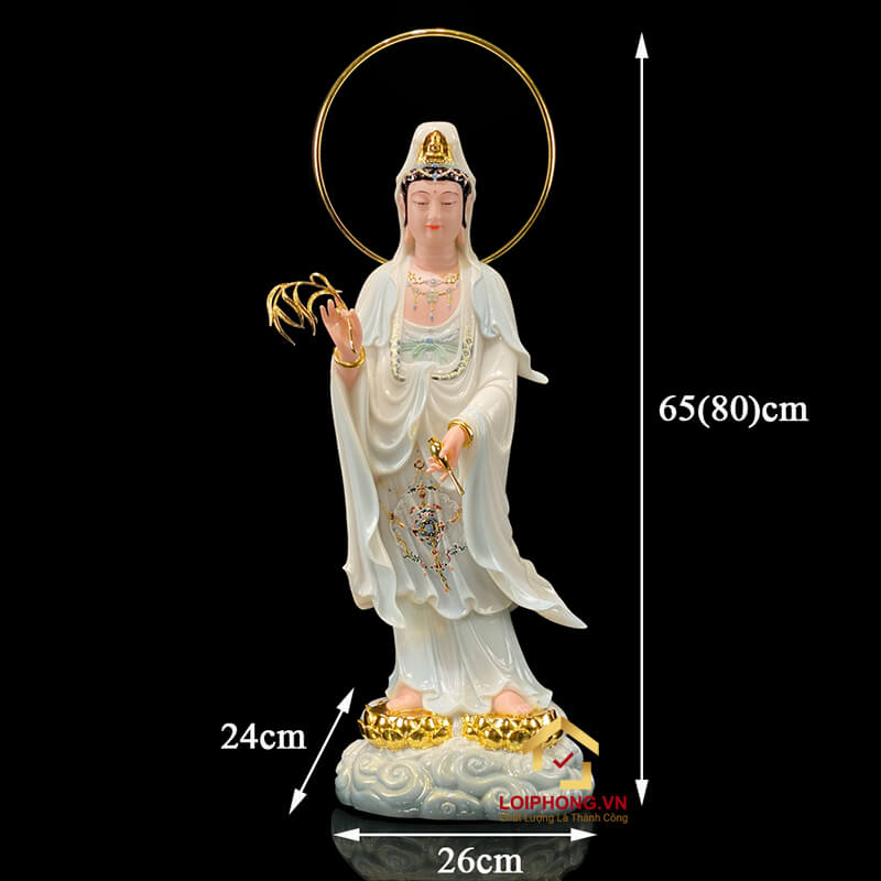 Tượng Phật Quan Âm Đứng Song Liên Đế Mây Bằng Bột Đá Sơn Có Hào Quang cao 48cm, 65cm, 90cm
