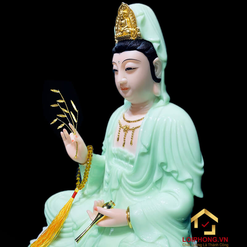 Tượng Phật Quan Âm Ngồi Đài Sen Bằng Bột Đá Xanh Ngọc cao từ 30 - 90cm